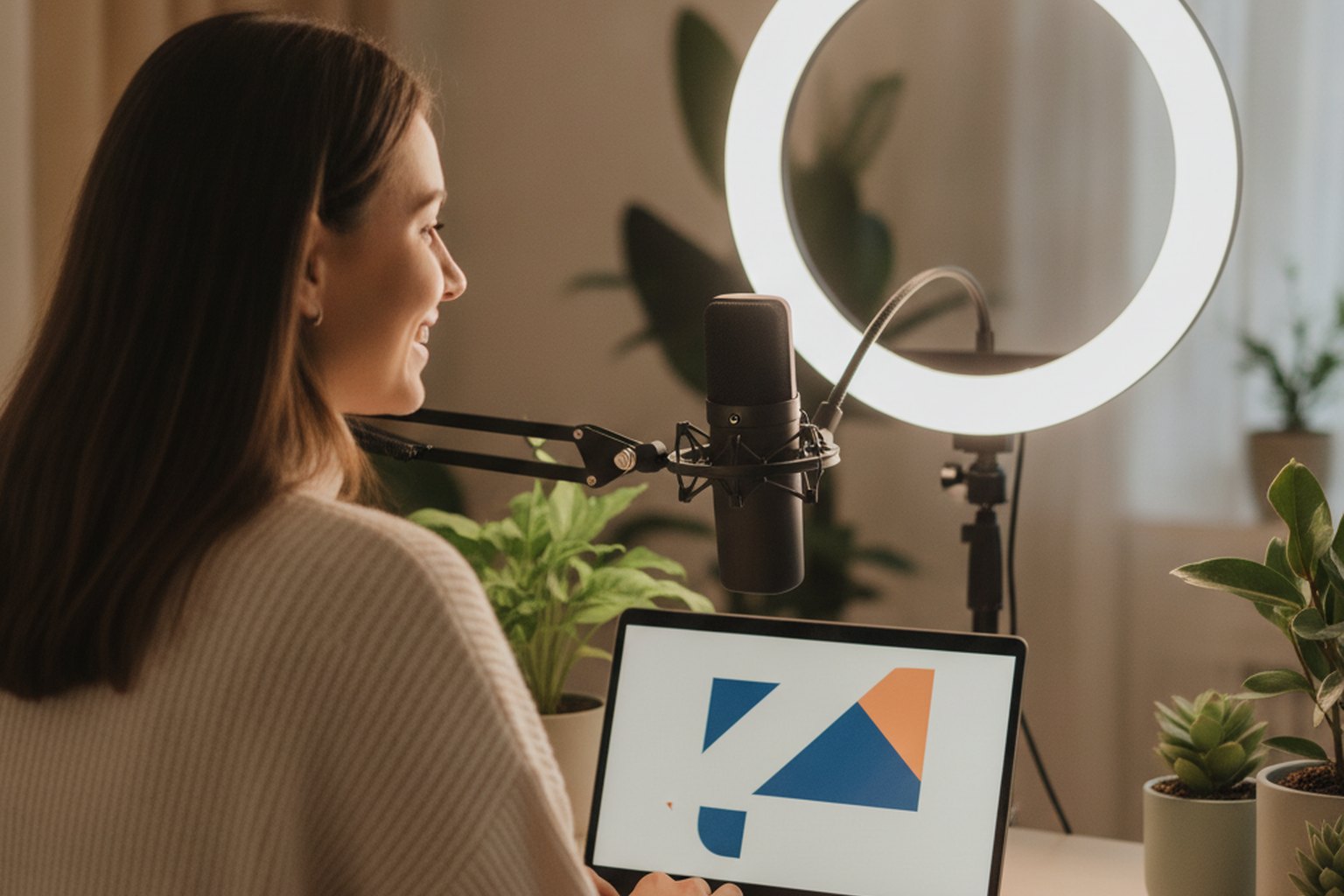 Une formatrice enregistre un cours video en ligne a un bureau avec un anneau lumineux, un micro et un ordinateur portable