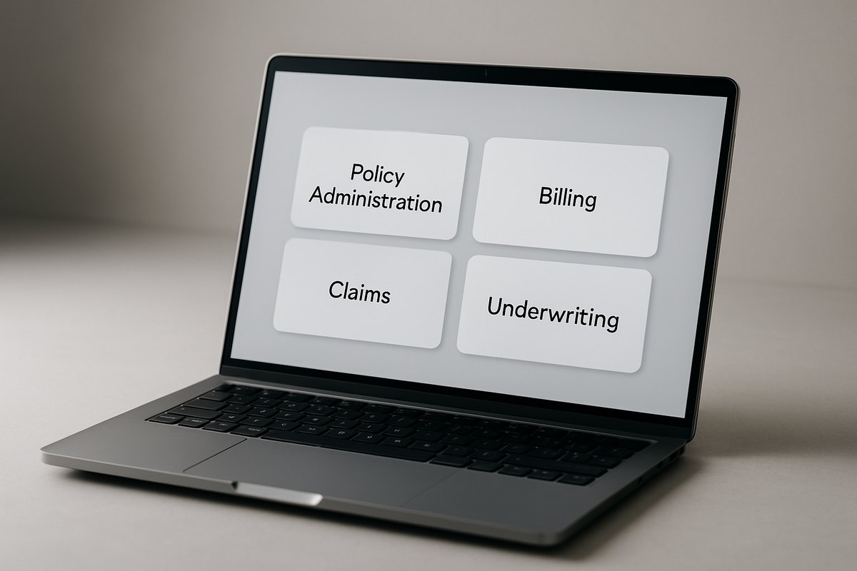 Insurance software modules including policy administration, billing, claims, and underwriting systems