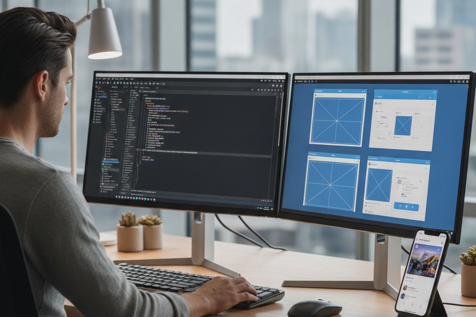 A mobile engineer building an iPhone app at a dual-monitor desk, with app wireframes and Swift code on screen and an iPhone showing the app interface