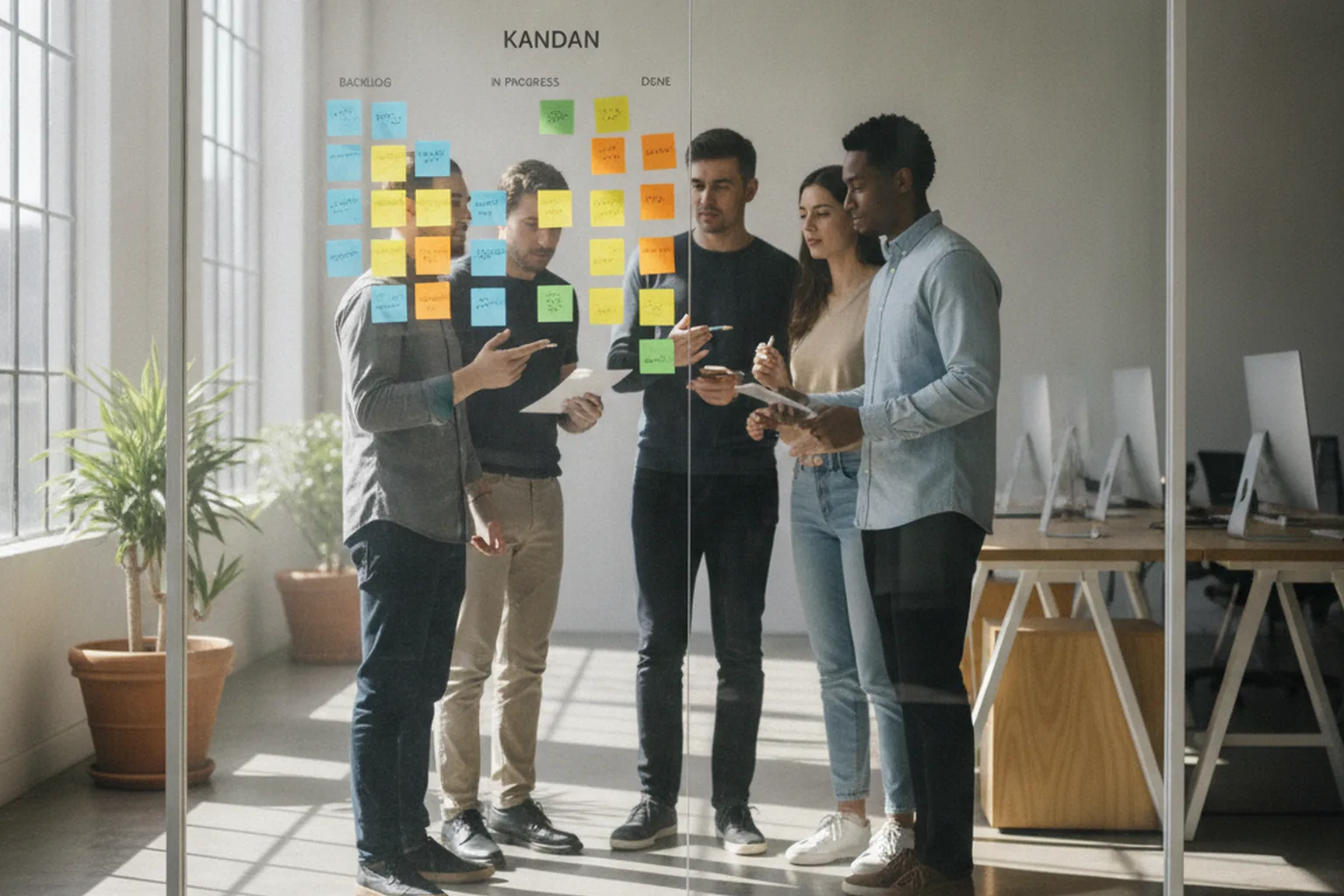 &Eacute;quipe logicielle g&eacute;rant le flux sur un tableau kanban &mdash; le lean en pratique