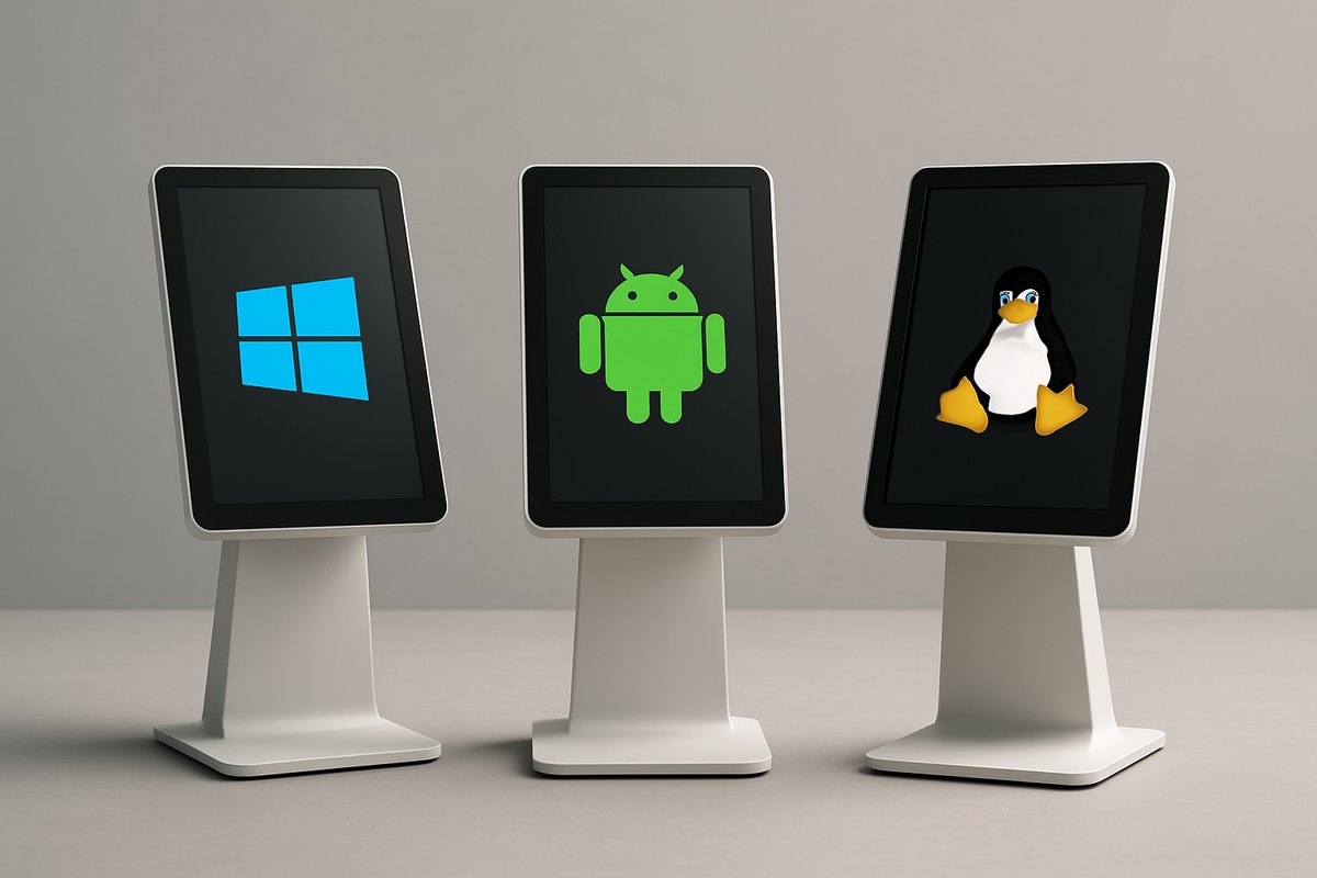 Kiosk hardware selection showing touchscreen options and operating system platform comparison