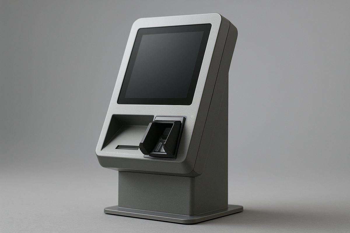 Payment kiosk terminal showing PCI-compliant card reader and secure transaction screen