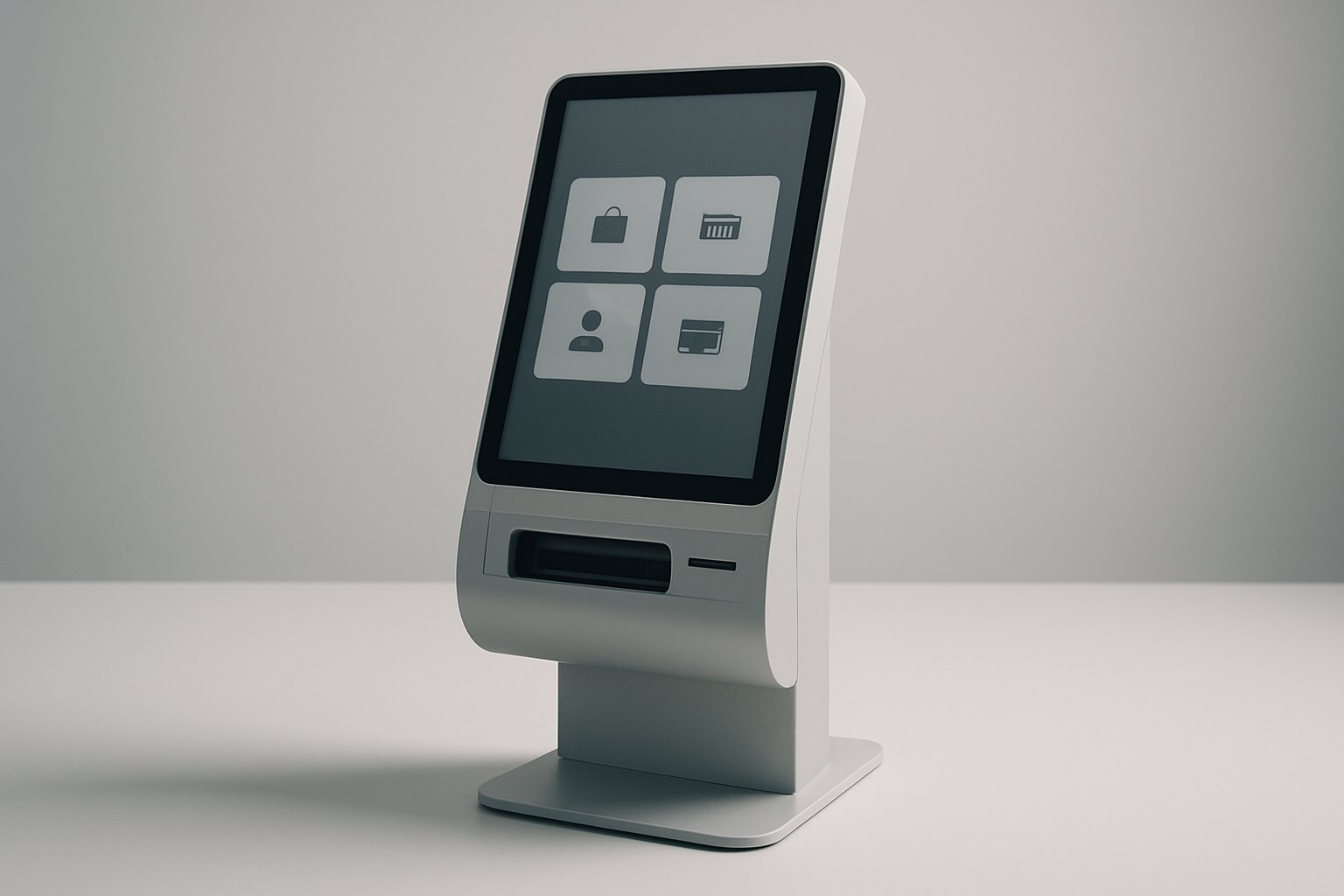 Self-service kiosk touchscreen terminal in a modern retail environment