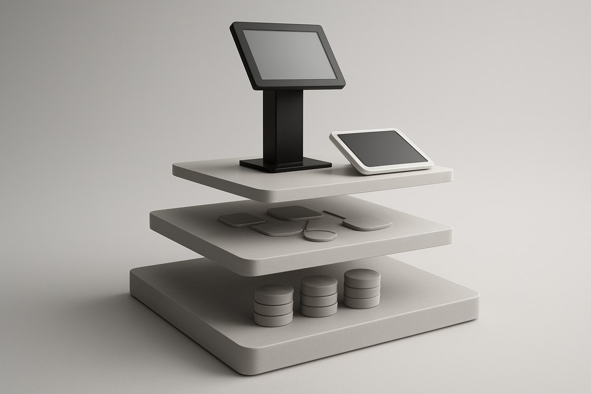 Kiosk software reference architecture showing device abstraction, local service, backend API, fleet management, and enterprise integration layers