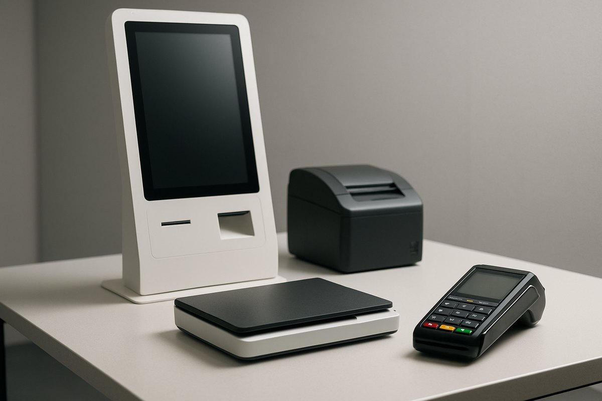 Kiosk software hardware testing lab with peripheral printer, scanner, and payment terminal