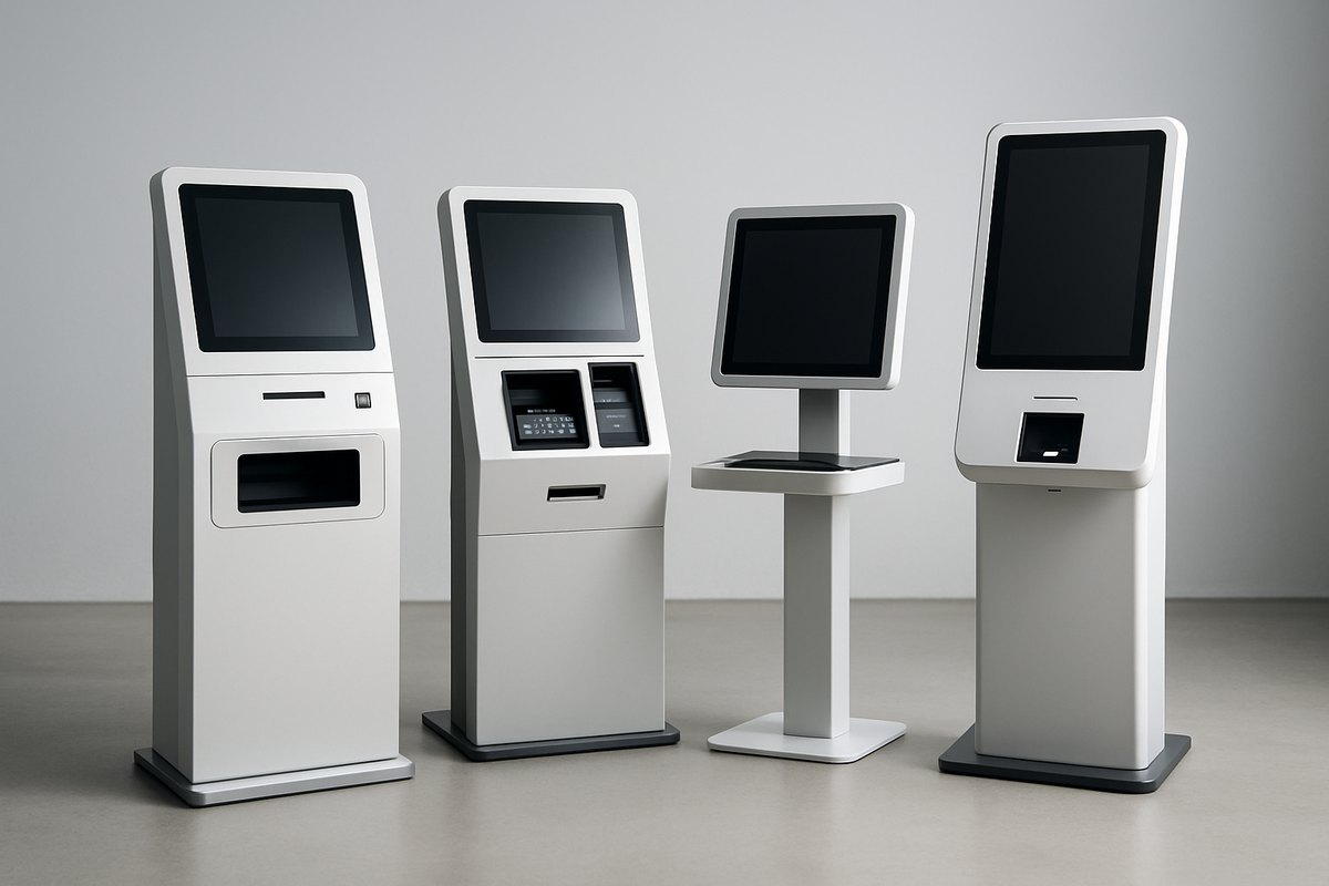 Different kiosk types including self-service check-in, ticketing, retail payment, and healthcare terminals
