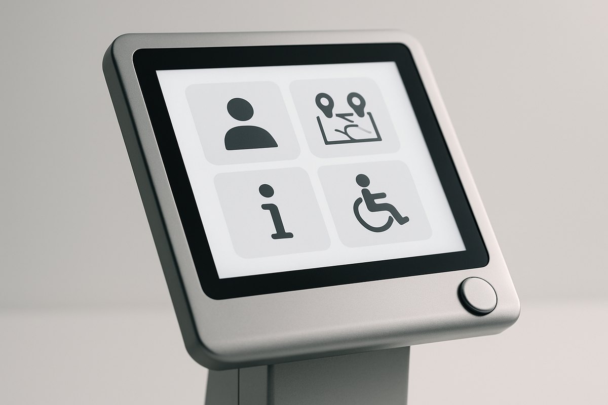 Kiosk user interface design showing touchscreen accessibility and public session flow
