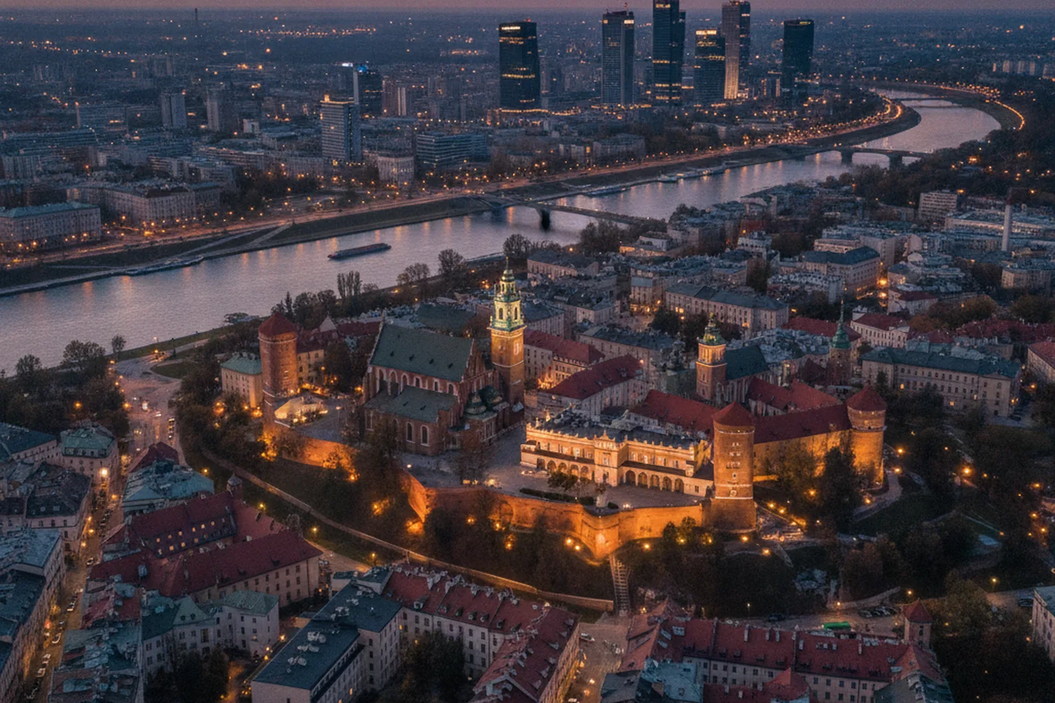 Aerial view of Kraków's Wawel Hill and the Vistula river at dusk with office towers in the distance