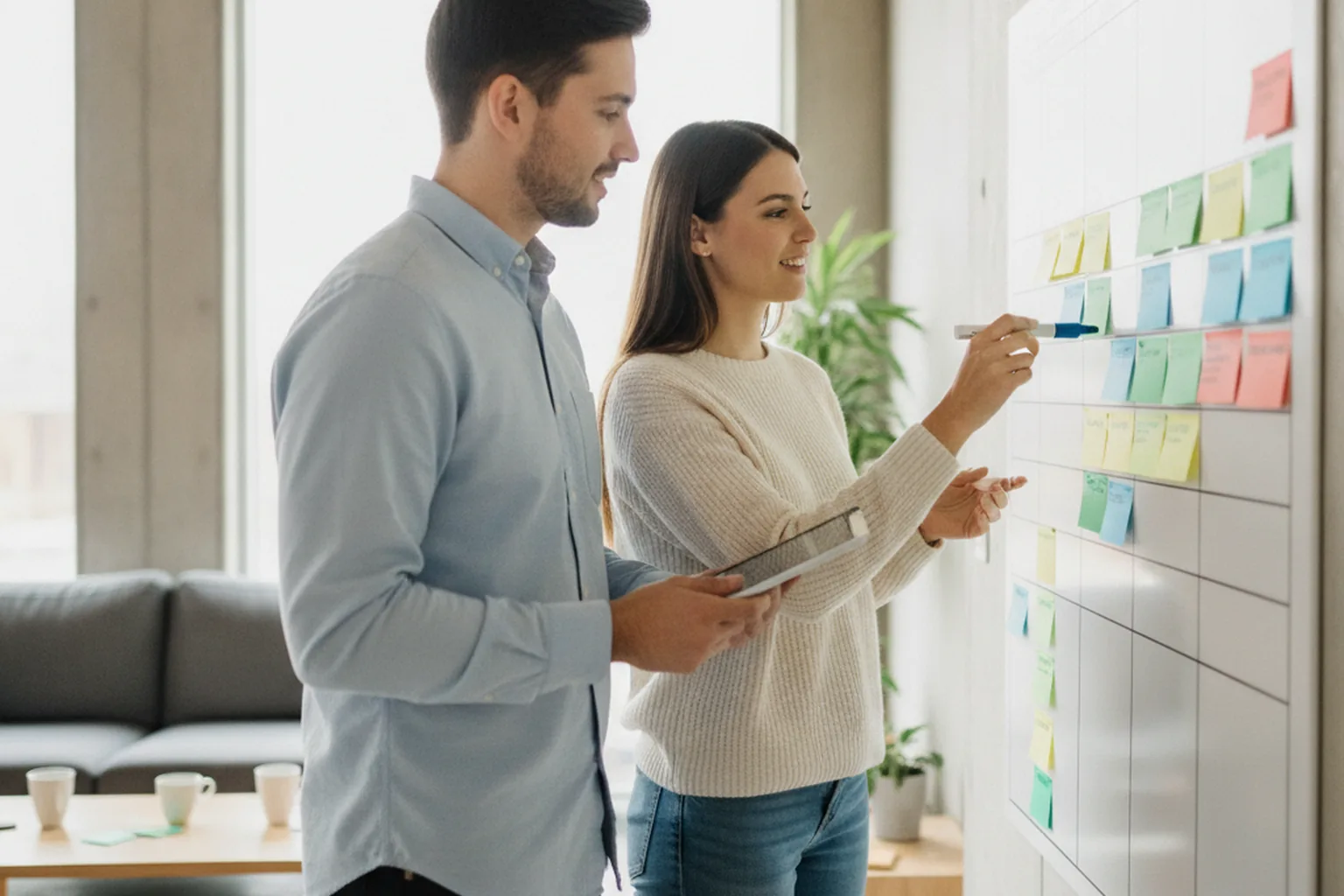 Two startup team members prioritizing product features as colored cards on a board to scope a minimum viable product