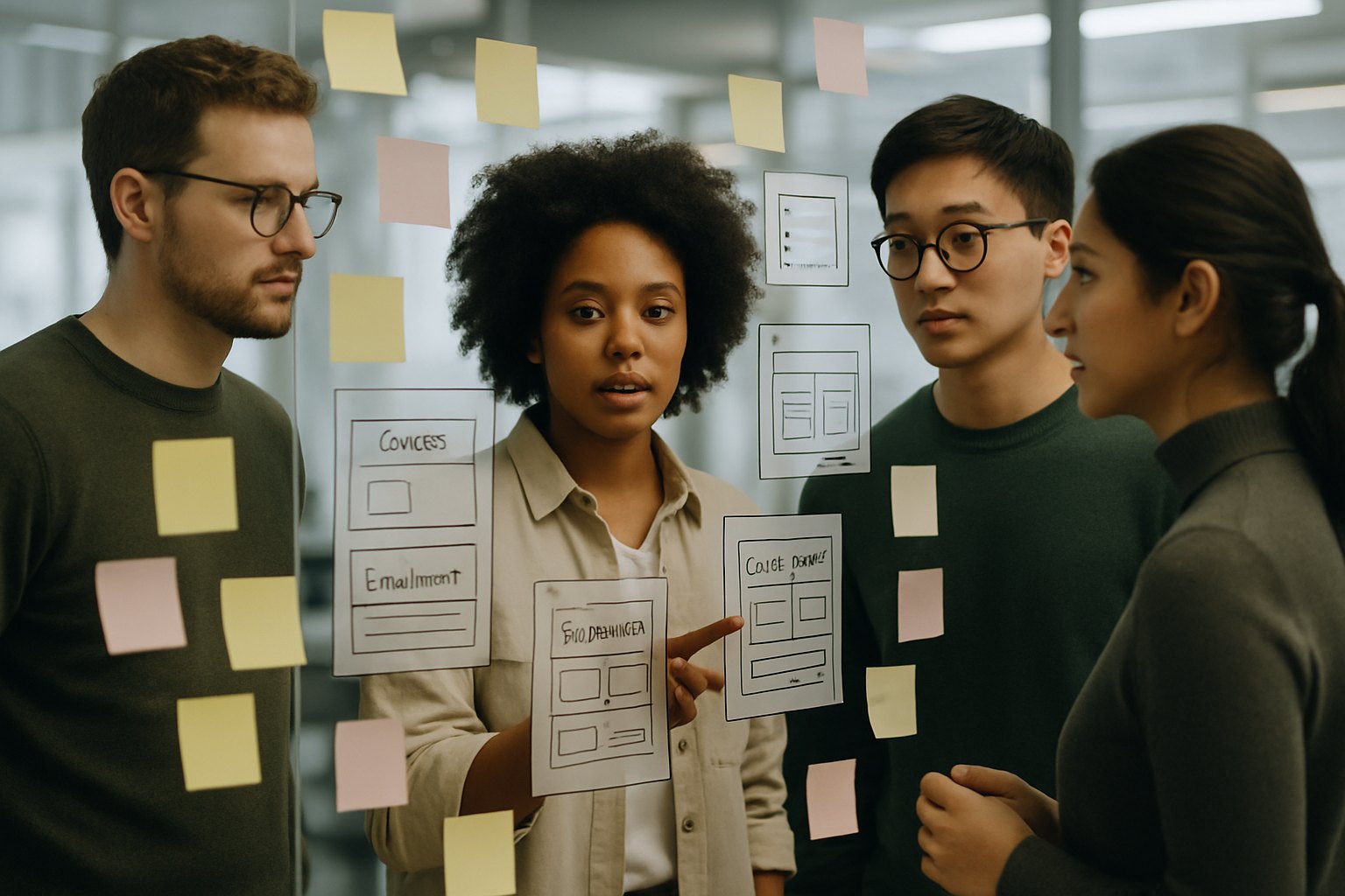 Ein vielfältiges Produktteam an einer Glaswand voller Wireframes und Haftnotizen bildet die Module eines individuellen LMS ab — Kurse, Einschreibung, Prüfung und Integrationen