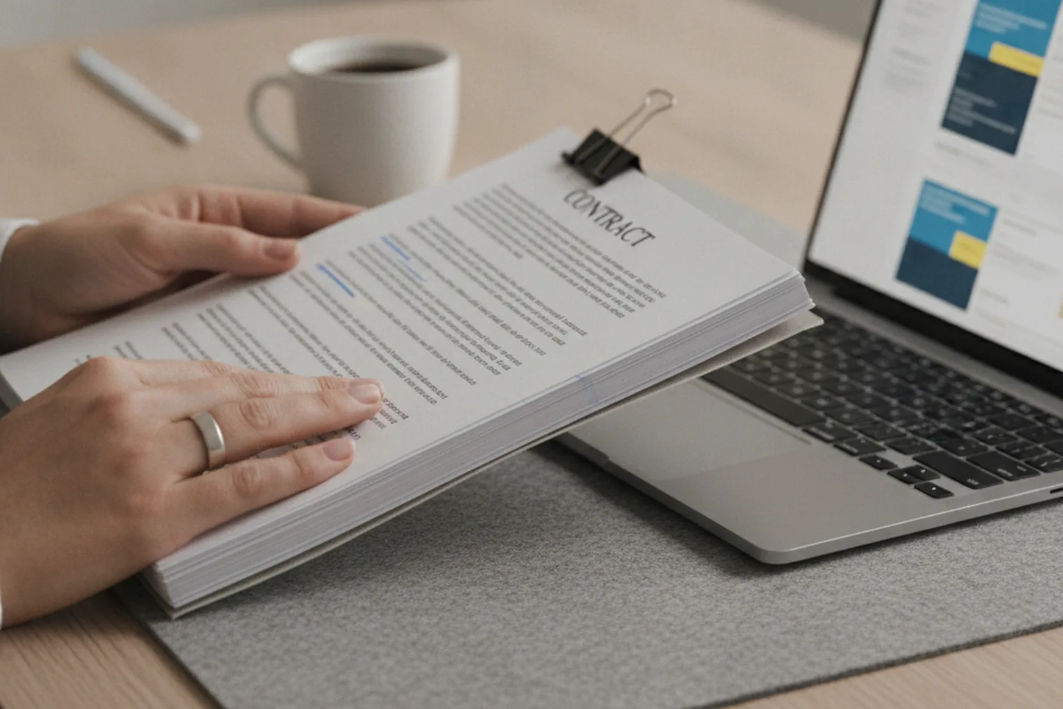 Avocat examinant un contrat imprimé à côté d'un ordinateur portable affichant une interface de revue documentaire avec des clauses surlignées