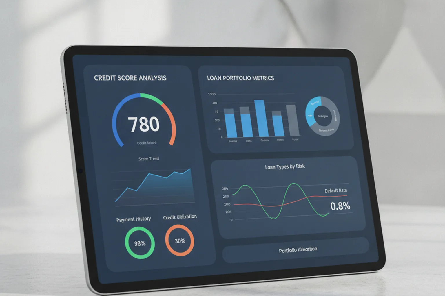 Financial data dashboard showing credit score analysis and loan portfolio metrics