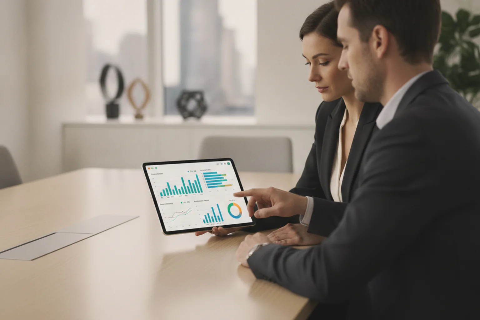 Business professionals reviewing lending app analytics on tablet