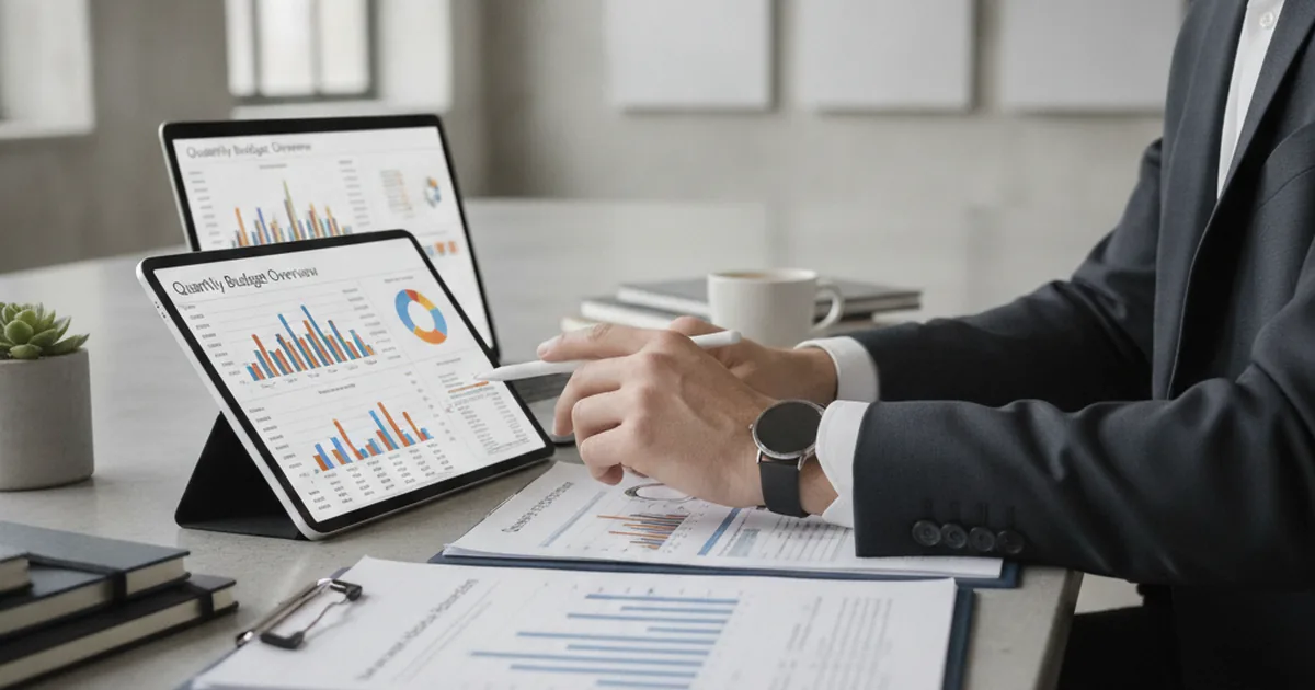 Business professional reviewing financial documents and compliance requirements at modern office desk