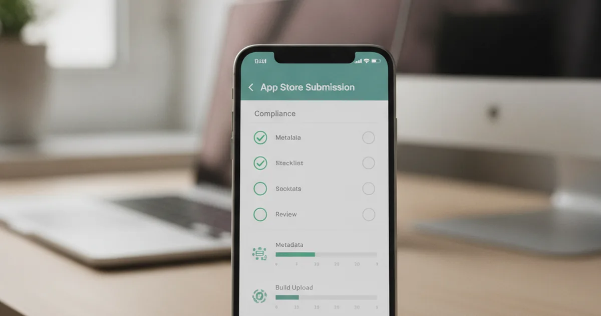 Smartphone screen showing app store submission process with compliance checklist visible