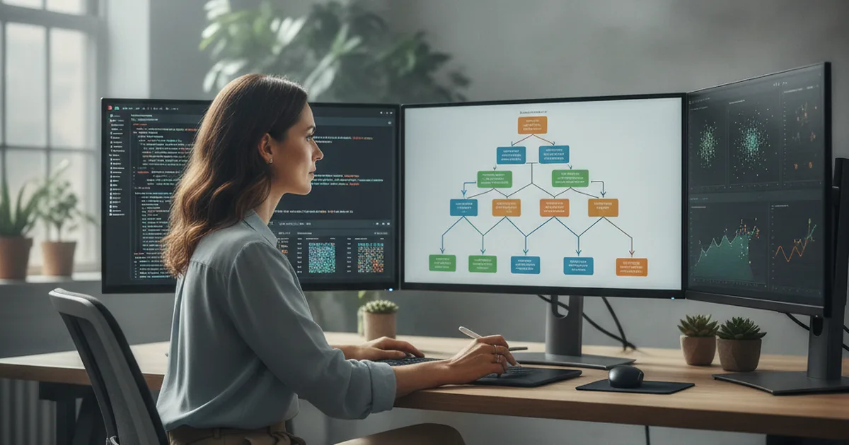 Data scientist reviewing machine learning model output and decision tree diagram on multiple screens