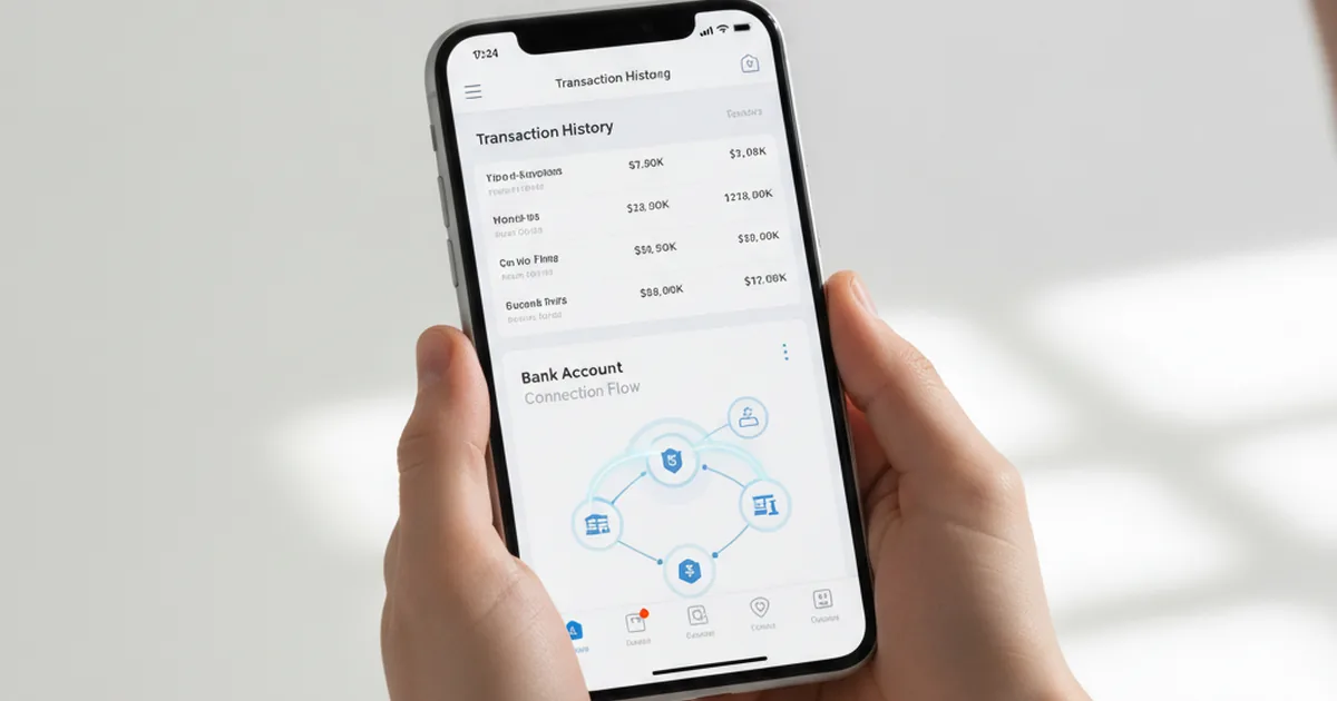 Person using mobile banking app showing transaction history and bank account connection flow