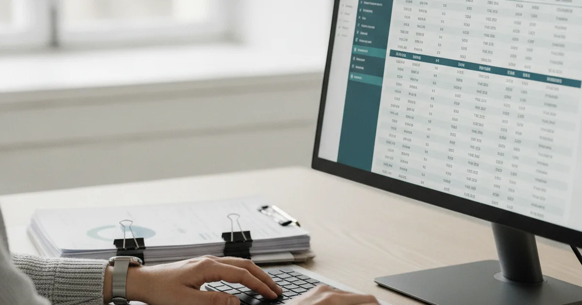 Customer service representative reviewing loan account statements at workstation with financial software dashboard