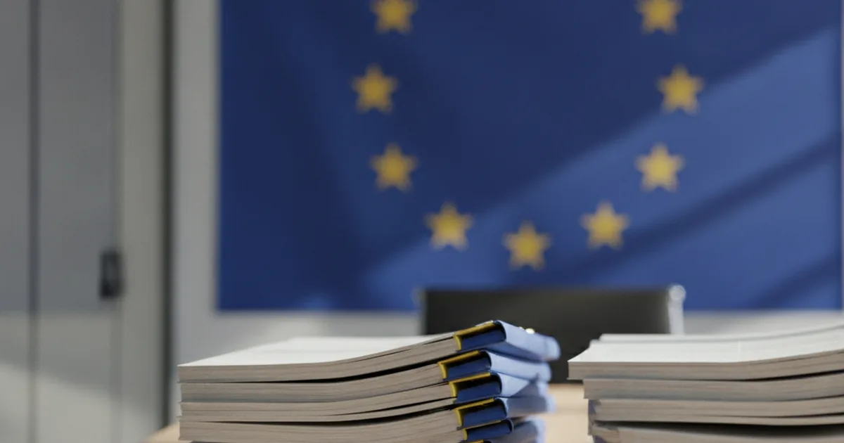 European Union regulatory compliance documents and legal papers on desk with professional setting