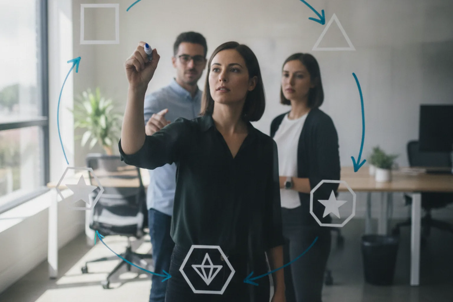 Engineering-Leiterin zeichnet einen durchgehenden Kreislauf der Produktlebenszyklus-Phasen auf ein Glas-Whiteboard, während Kollegen zusehen