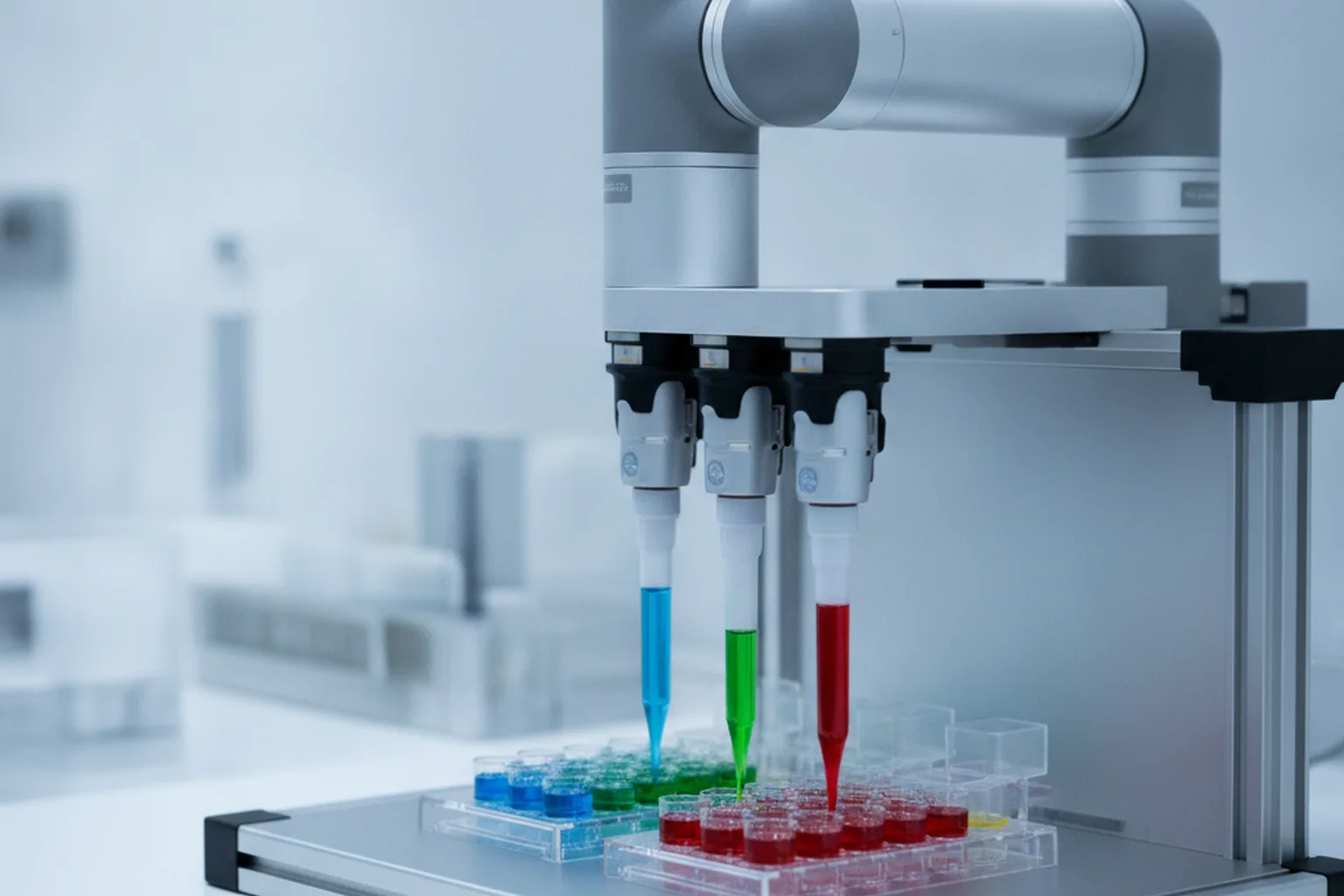 Robot de pipetage automatisé distribuant des échantillons colorés dans des microplaques dans un laboratoire biotech, exemple d’intégration d’un logiciel d’automatisation de laboratoire