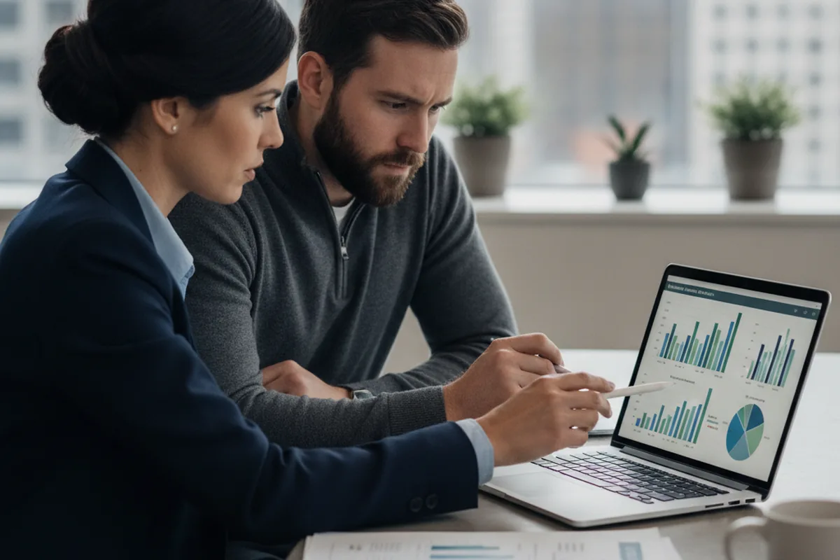 A finance and engineering lead reviewing a custom LMS budget and cost breakdown on a laptop, representing TCO and cost-control planning for a learning platform