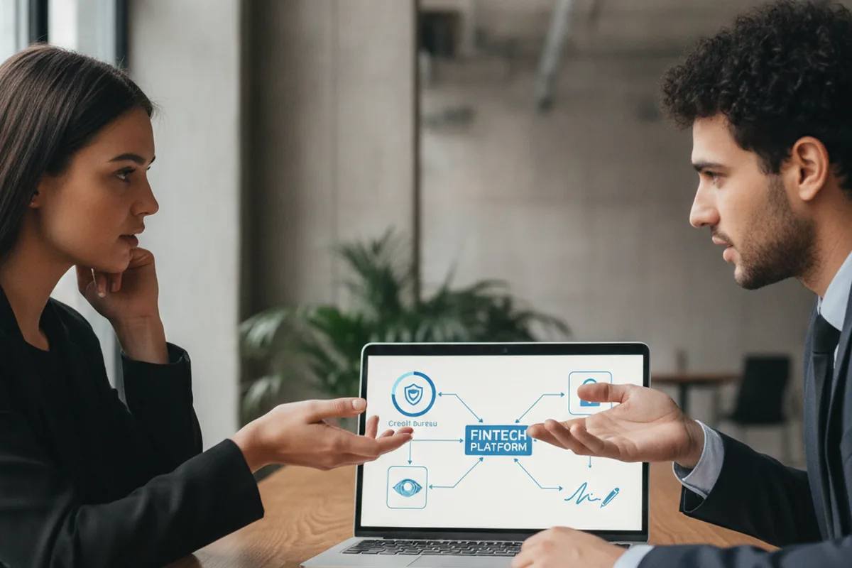 Lending team reviewing an integration architecture diagram connecting credit bureau, KYC and e-signature systems around a fintech platform