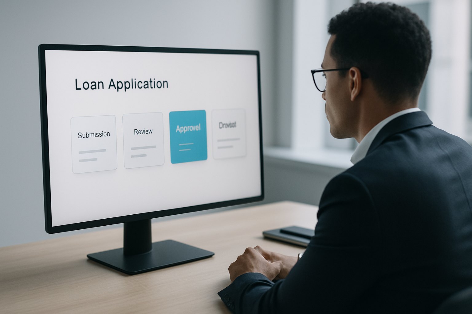 Responsabile credito che esamina una domanda di prestito digitale in un sistema di origination