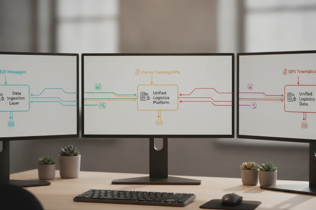 Software engineer's monitors showing EDI messages, carrier tracking APIs and GPS telematics feeding into a unified logistics platform