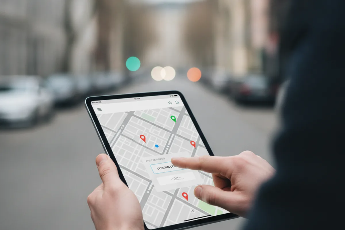 Delivery driver using a mobile app with a live map for real-time route tracking and proof of delivery