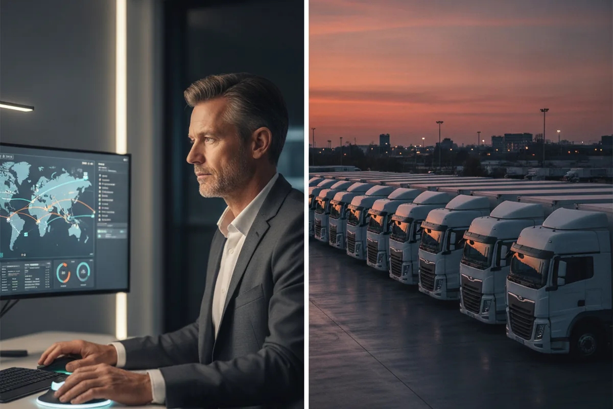 Operations leader reviewing a transportation management system dashboard next to a fleet of delivery trucks in a yard at dusk
