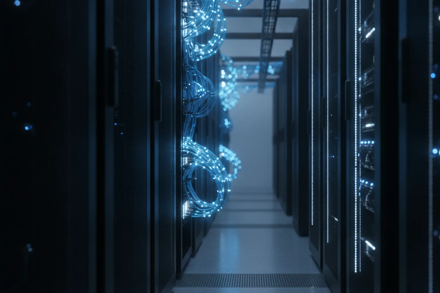 Data center aisle with server racks and network cables used for low-latency ad bidding