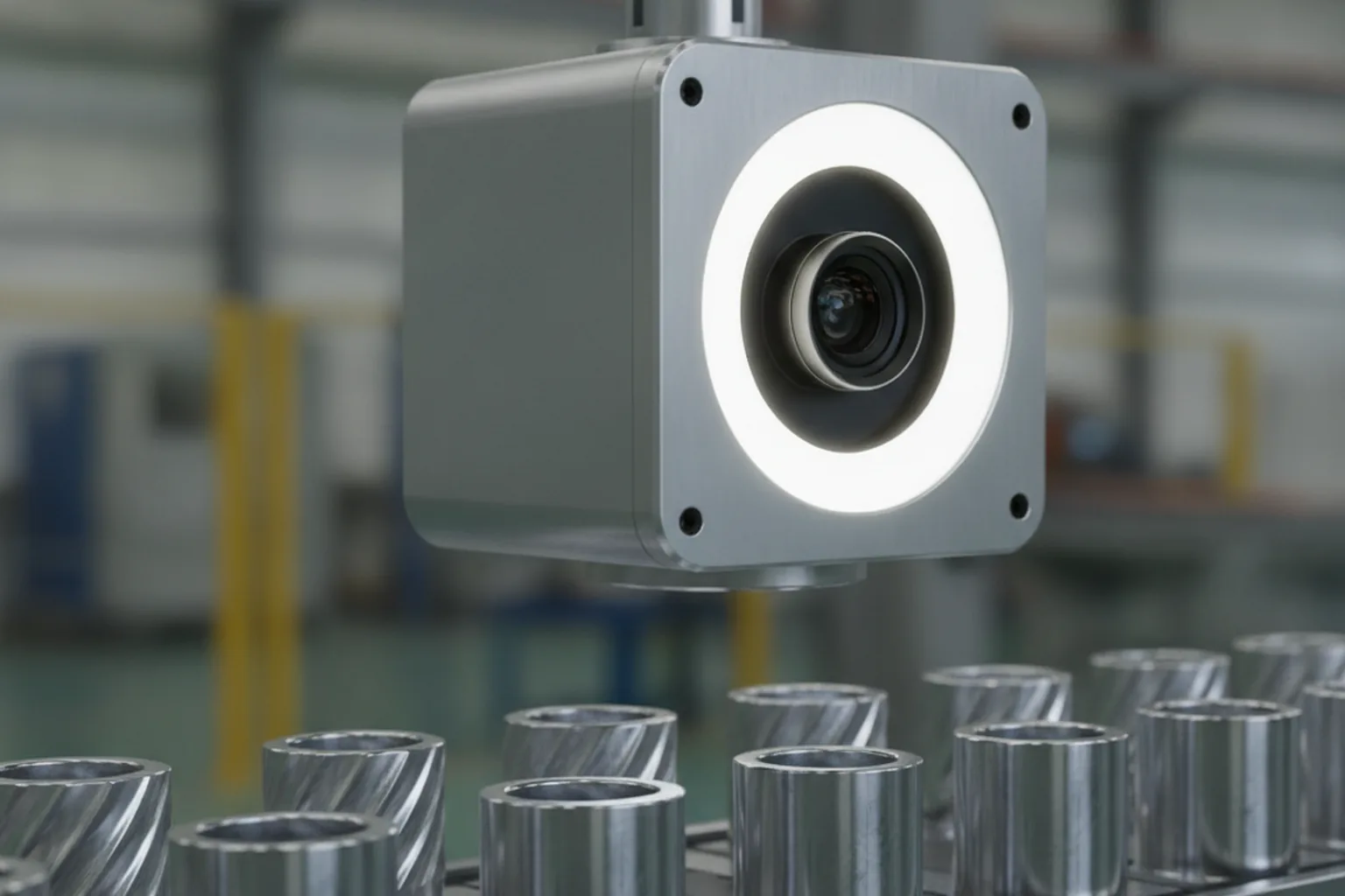 Caméra de vision industrielle inspectant des pièces métalliques à la recherche de défauts