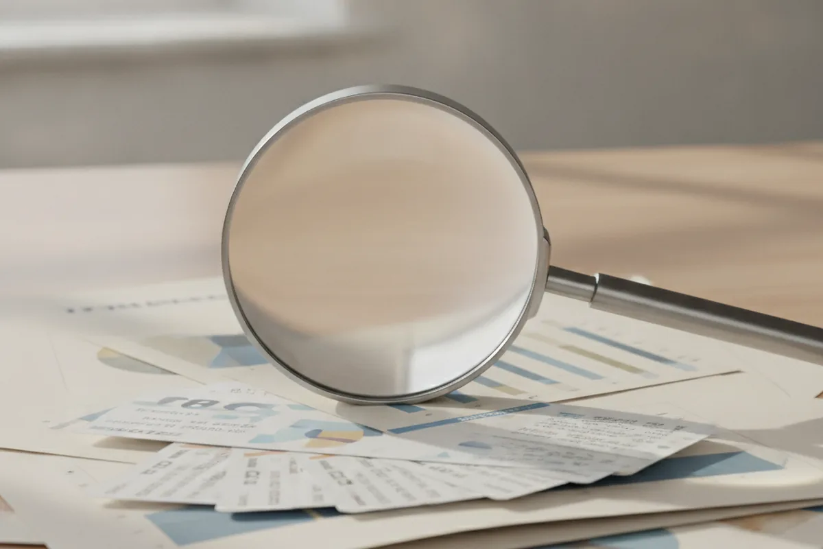 A magnifying glass resting over a stack of project documents on a desk, representing a close review of an R&D tax credit claim before filing