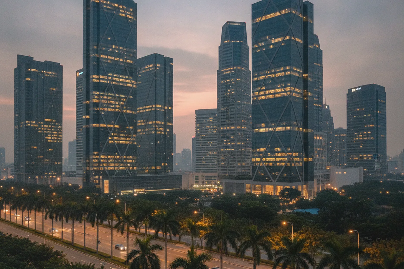 Grattacieli di uffici in un distretto d’affari di Manila al tramonto, polo dell’outsourcing dello sviluppo software nelle Filippine