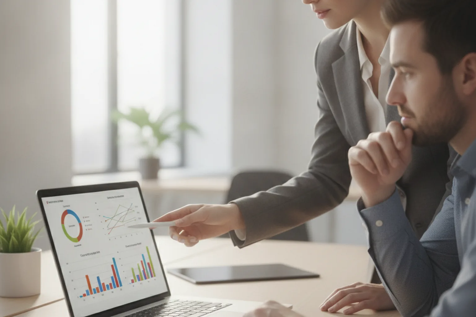 Manager and training analyst reviewing eLearning completion and ROI charts on a laptop in an office