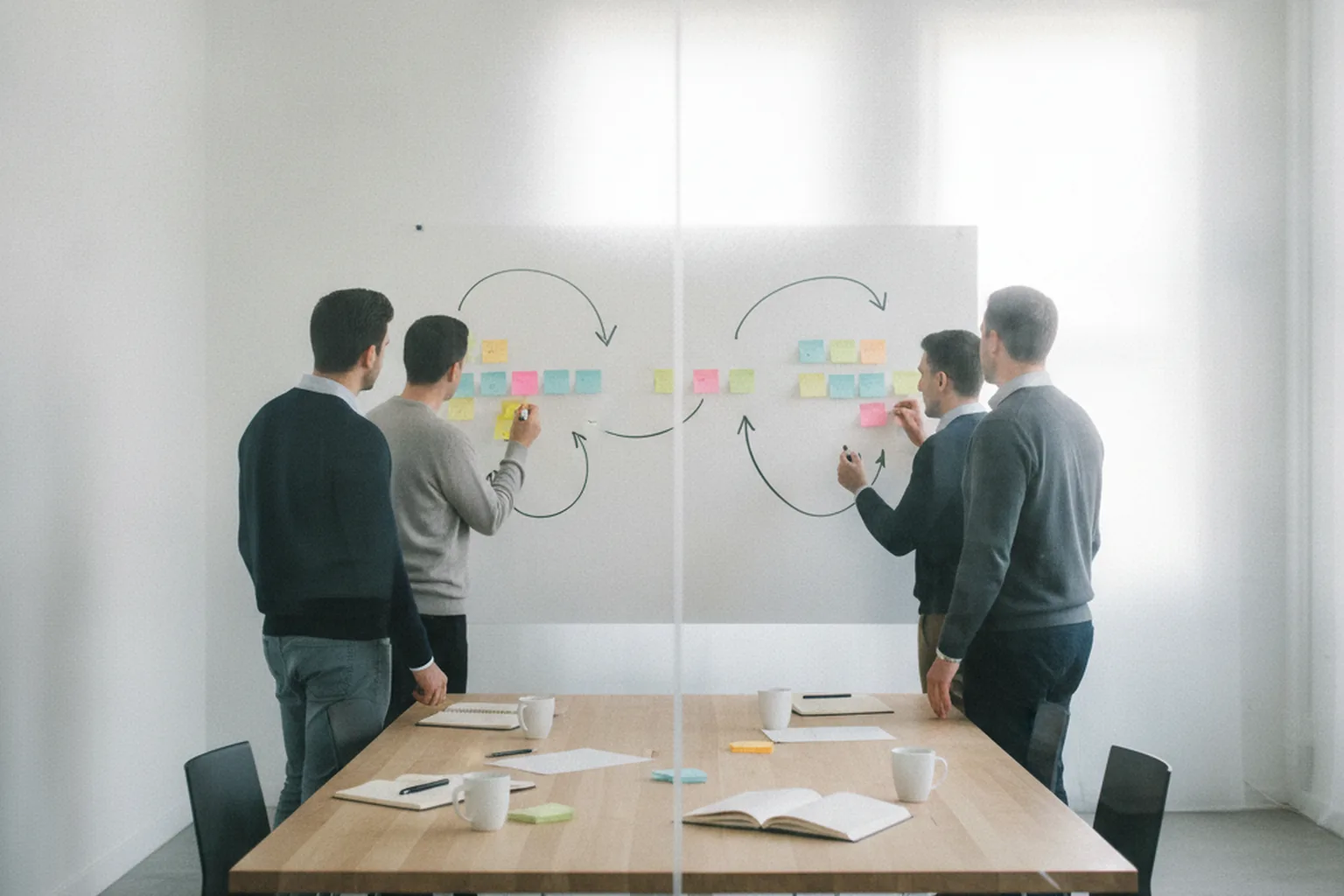Developers and marketers mapping a customer journey on a whiteboard during a discovery workshop