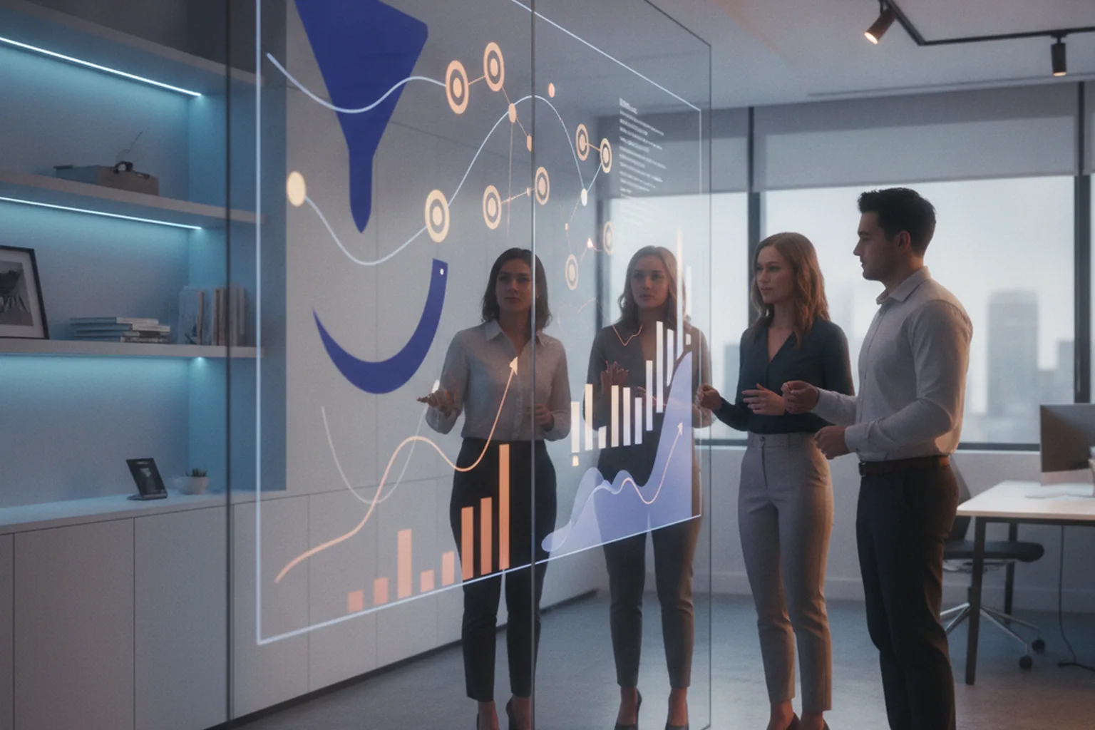 Marketing team reviewing campaign performance dashboards built with custom marketing software