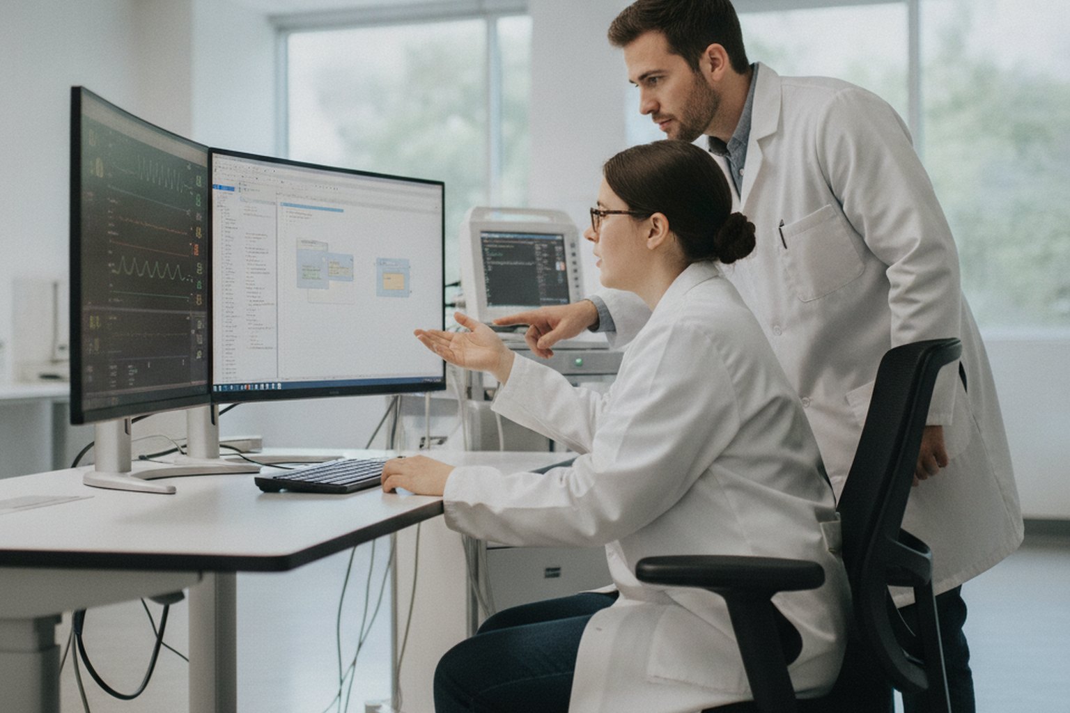Due ingegneri del software biomedico esaminano il software di un dispositivo medico e un monitor dei parametri vitali in un laboratorio di sviluppo pulito