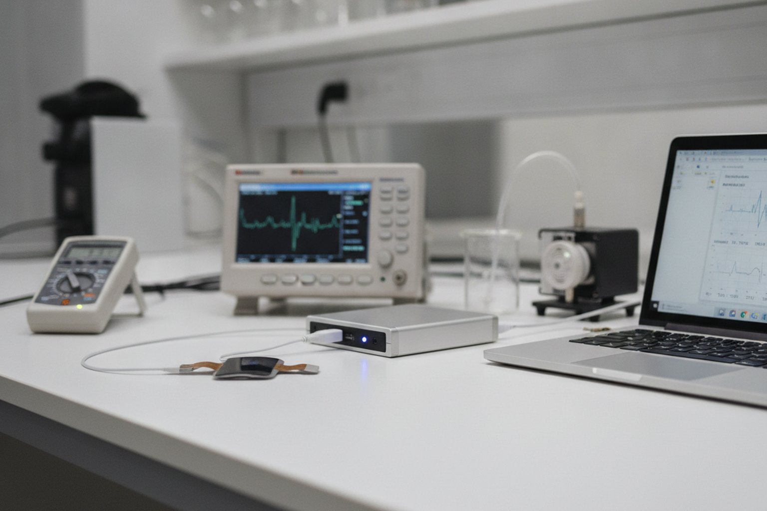 Un dispositivo medico connesso su un banco di laboratorio viene verificato e validato con apparecchiature diagnostiche e software di risultati dei test