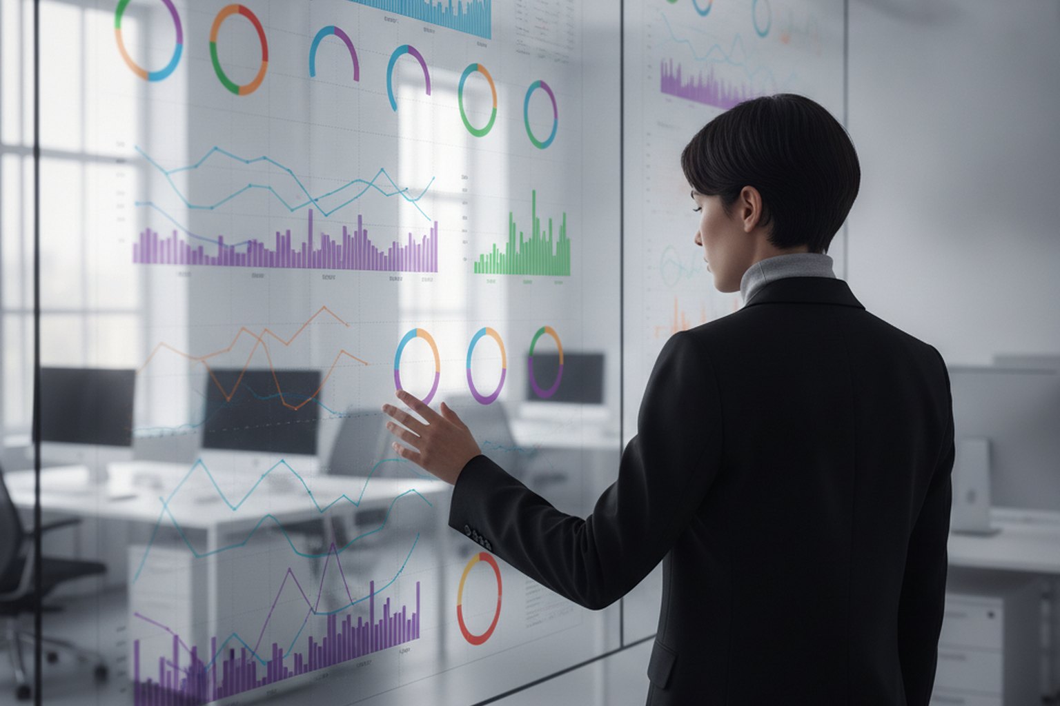 An engineering lead reviewing a wall-mounted analytics dashboard of line charts, bar charts and gauges in a bright office
