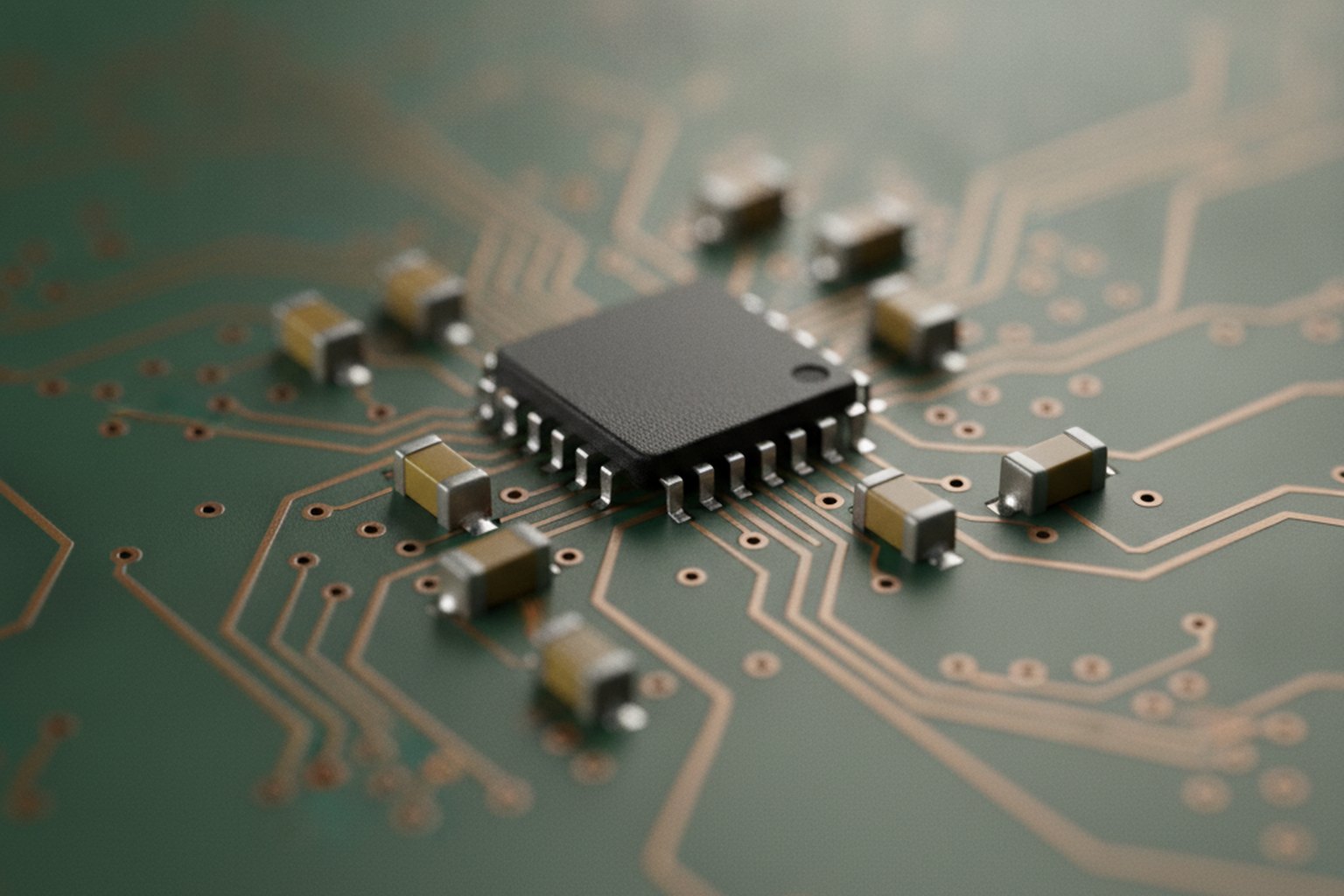 Makroaufnahme einer grünen Leiterplatte mit einem oberflächenmontierten Mikrocontroller-Chip, Kondensatoren und Kupferbahnen