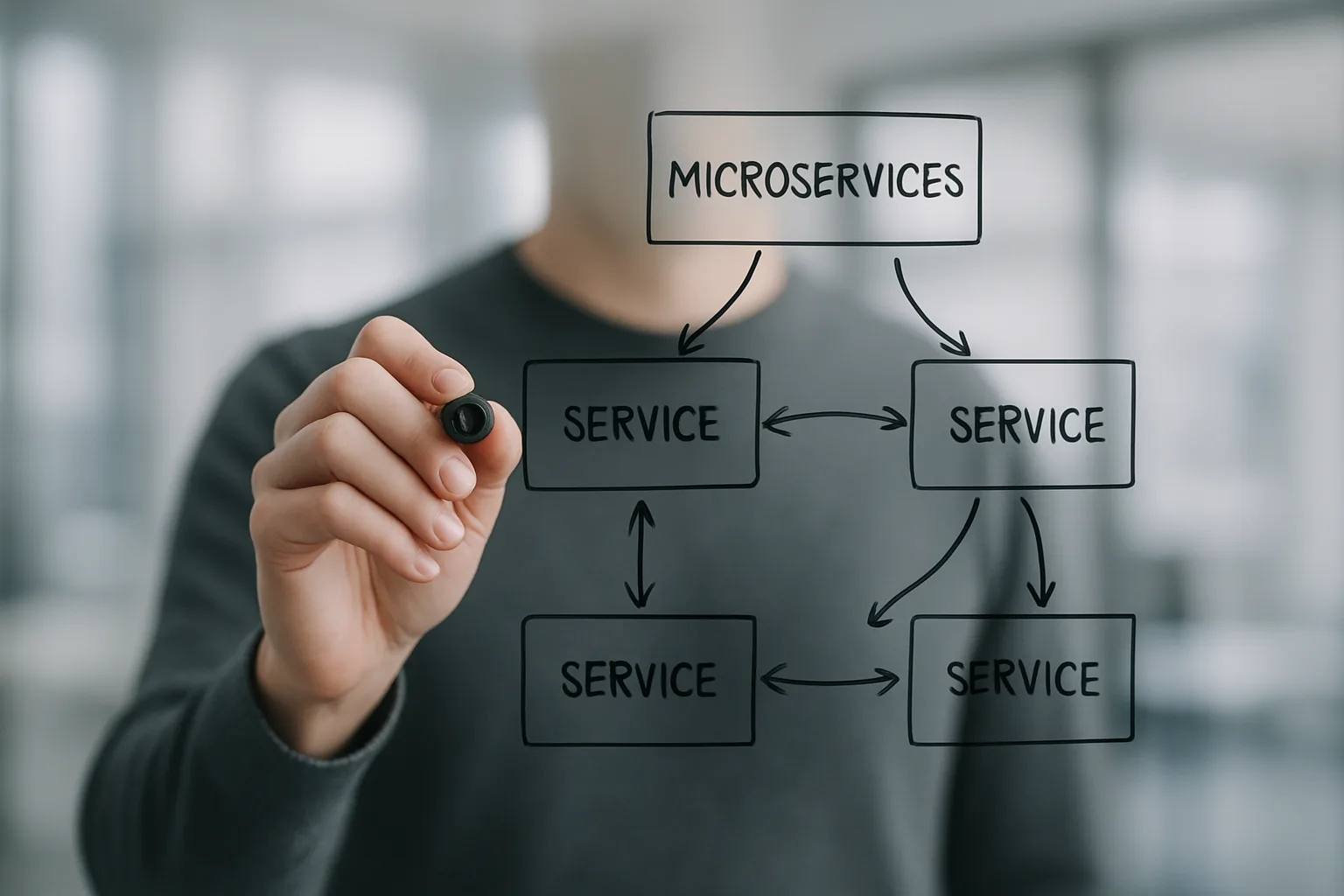 Spring Boot microservices architecture diagram on a whiteboard