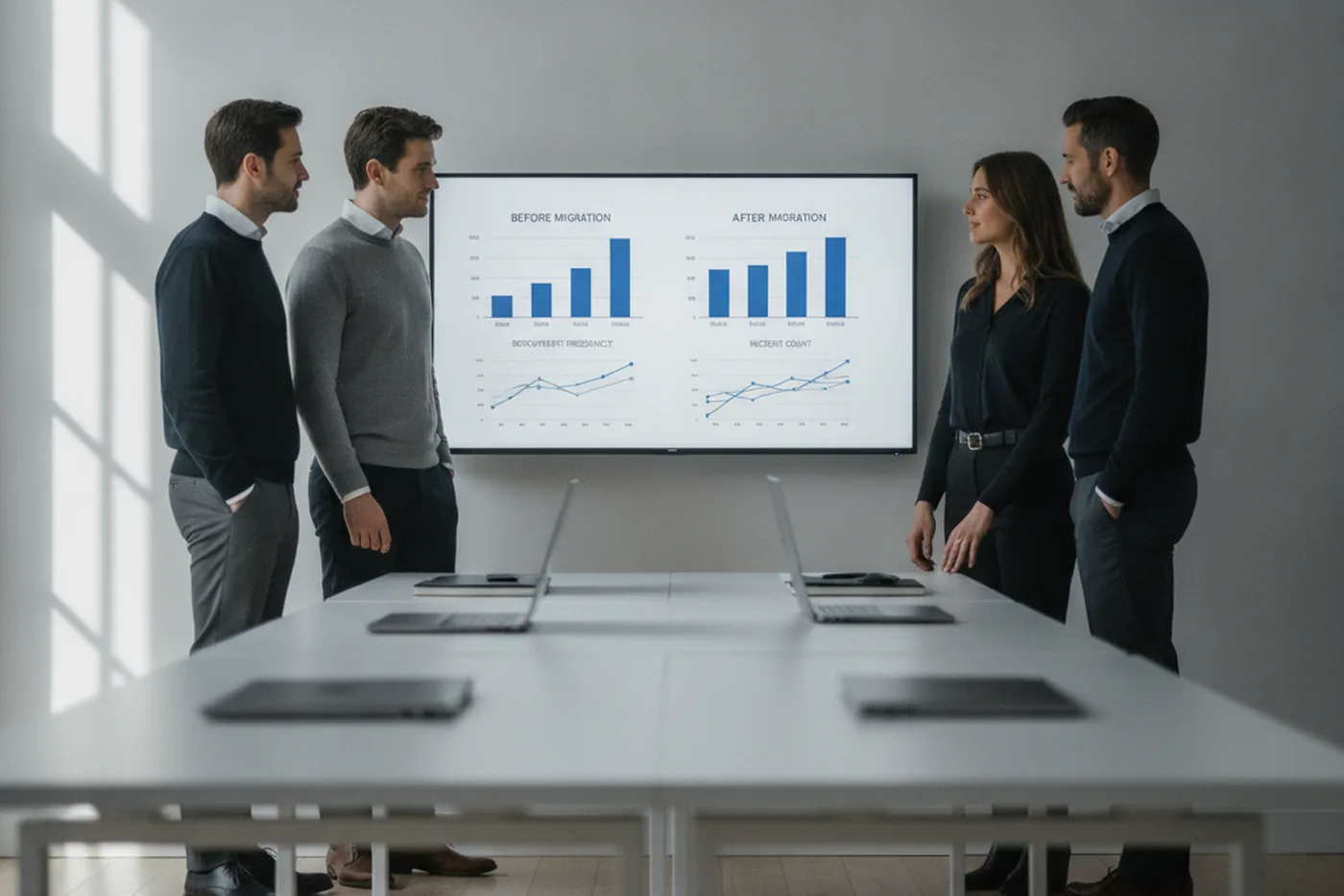 Engineering team reviewing before-and-after deployment frequency and incident metrics from a service extraction