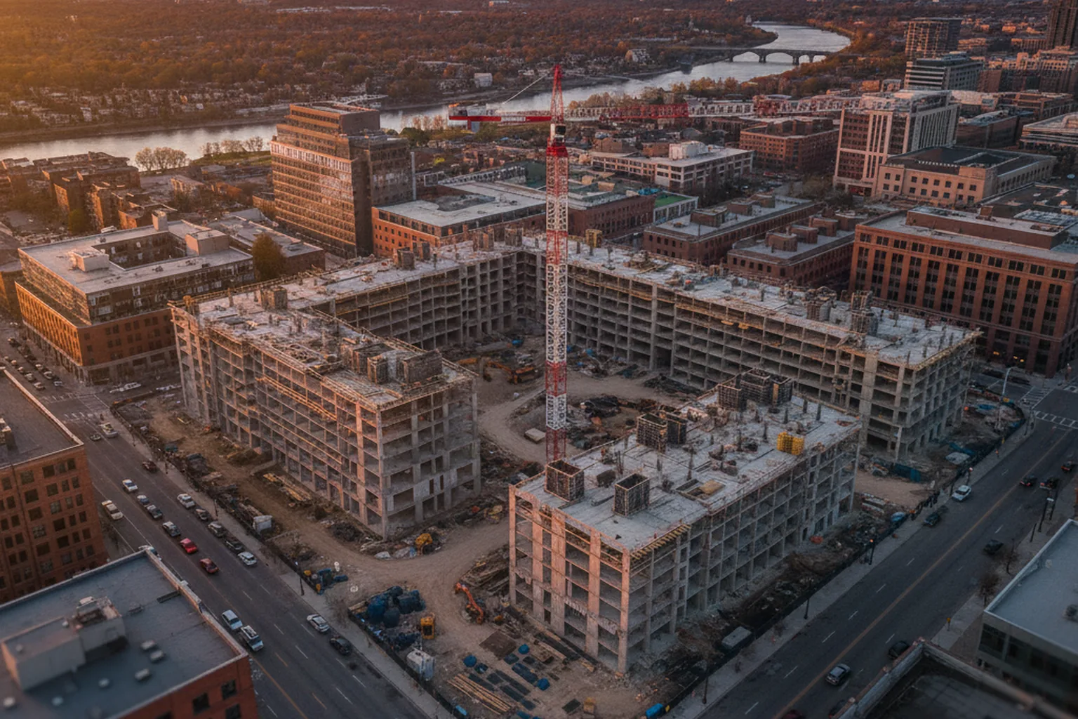 Vista aérea de una promoción inmobiliaria comercial de uso mixto en construcción al atardecer