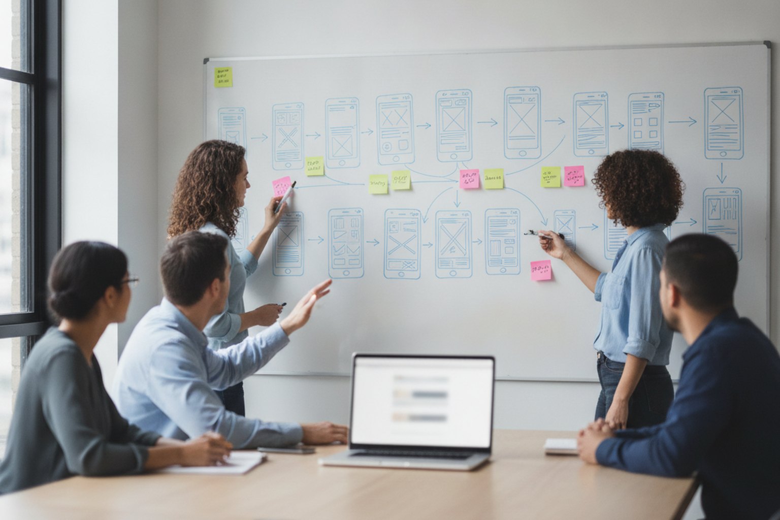 A product team mapping mobile app screens and user flows on a whiteboard covered with wireframe sketches during the discovery and design phase