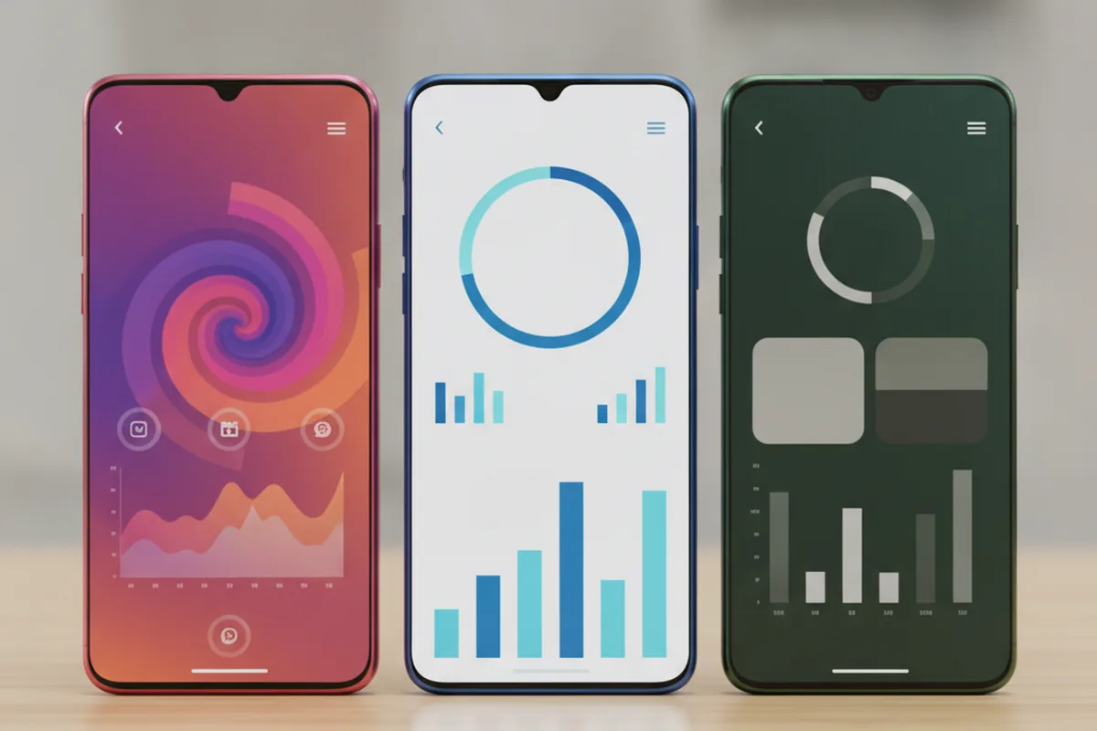 Three smartphones showing distinct abstract mobile banking app interfaces representing retail, neobank and corporate banking types