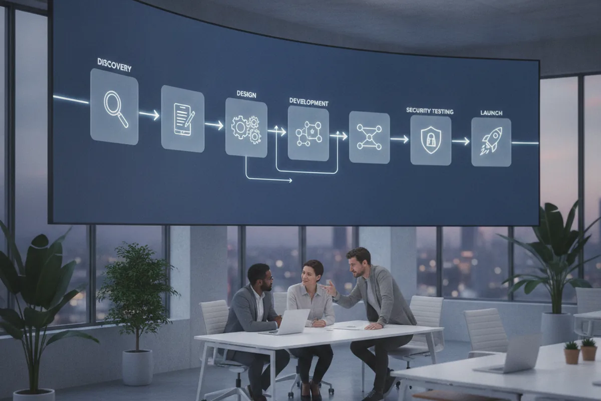 Development team reviewing a step-by-step roadmap from discovery to launch on a large office screen