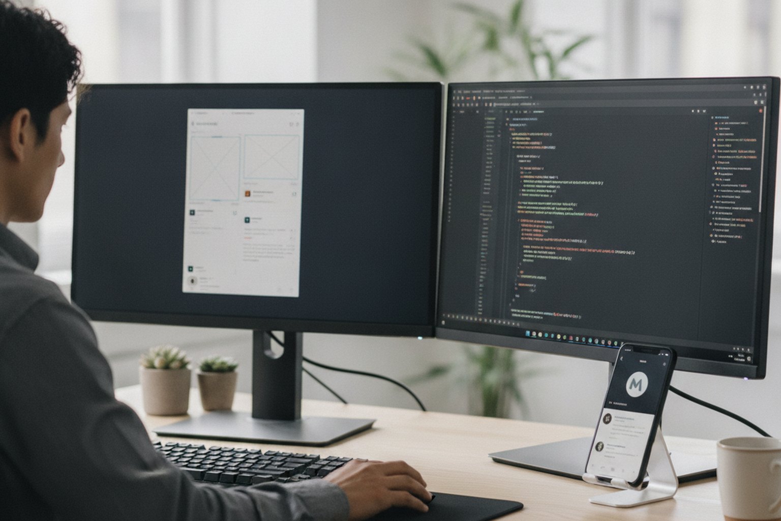 A mobile engineer building an Android app at a dual-monitor desk, with app wireframes and Kotlin code on screen and a smartphone showing the app interface
