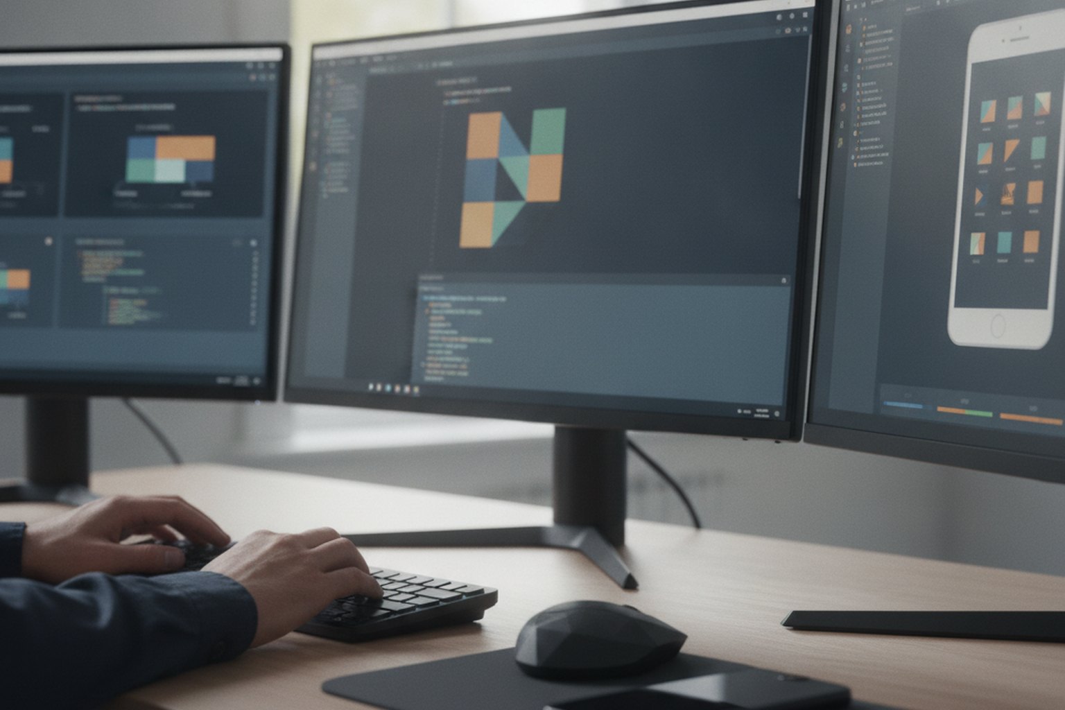 A mobile developer at a workstation integrating reusable code libraries from an SDK into an app, with a code editor on screen and a smartphone on the desk
